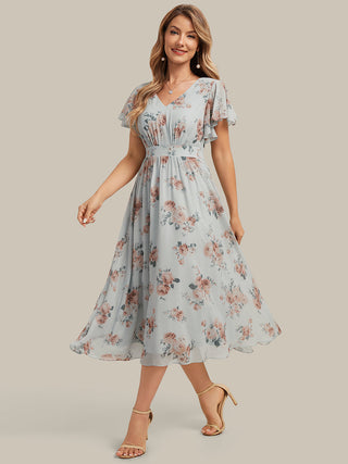 Short Sleeve Ruffle V-Neck A-Line Midi Non-Stretch Wedding Guest Dresses