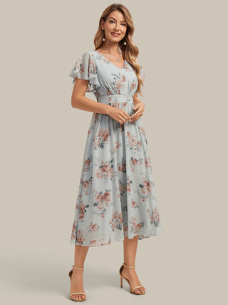 Short Sleeve Ruffle V-Neck A-Line Midi Non-Stretch Wedding Guest Dresses