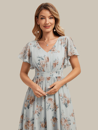 Short Sleeve Ruffle V-Neck A-Line Midi Non-Stretch Wedding Guest Dresses