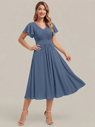 Short Sleeve Ruffle V-Neck A-Line Midi Non-Stretch Wedding Guest Dresses