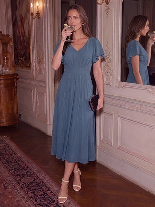 Short Sleeve Ruffle V-Neck A-Line Midi Non-Stretch Wedding Guest Dresses