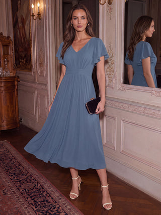 Short Sleeve Ruffle V-Neck A-Line Midi Non-Stretch Wedding Guest Dresses