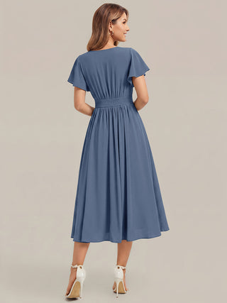 Short Sleeve Ruffle V-Neck A-Line Midi Non-Stretch Wedding Guest Dresses