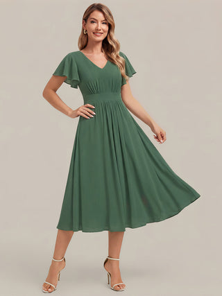 Short Sleeve Ruffle V-Neck A-Line Midi Non-Stretch Wedding Guest Dresses