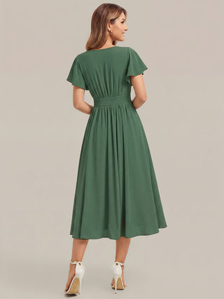 Short Sleeve Ruffle V-Neck A-Line Midi Non-Stretch Wedding Guest Dresses