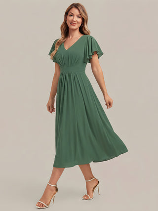 Short Sleeve Ruffle V-Neck A-Line Midi Non-Stretch Wedding Guest Dresses