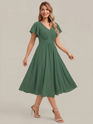 Short Sleeve Ruffle V-Neck A-Line Midi Non-Stretch Wedding Guest Dresses