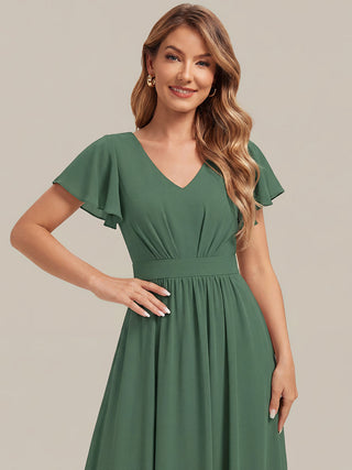 Short Sleeve Ruffle V-Neck A-Line Midi Non-Stretch Wedding Guest Dresses
