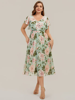 Short Sleeve Ruffle V-Neck A-Line Midi Non-Stretch Wedding Guest Dresses