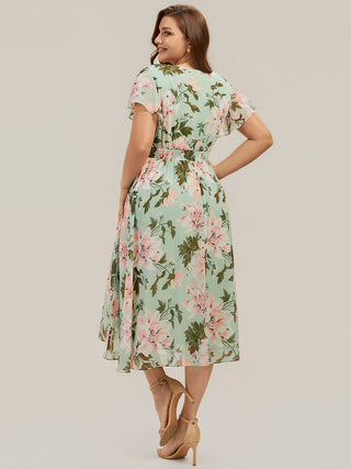 Short Sleeve Ruffle V-Neck A-Line Midi Non-Stretch Wedding Guest Dresses