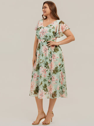 Short Sleeve Ruffle V-Neck A-Line Midi Non-Stretch Wedding Guest Dresses