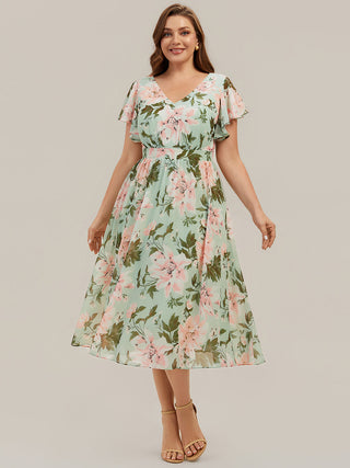 Short Sleeve Ruffle V-Neck A-Line Midi Non-Stretch Wedding Guest Dresses