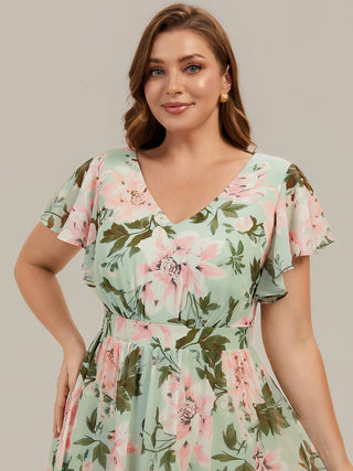 Short Sleeve Ruffle V-Neck A-Line Midi Non-Stretch Wedding Guest Dresses