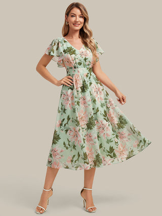 Short Sleeve Ruffle V-Neck A-Line Midi Non-Stretch Wedding Guest Dresses