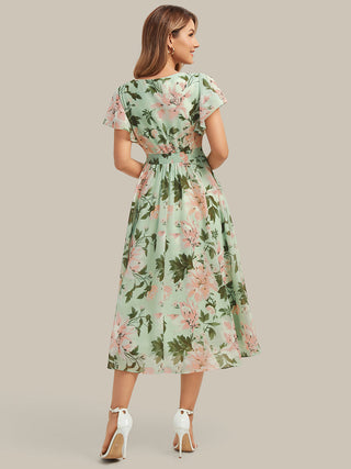 Short Sleeve Ruffle V-Neck A-Line Midi Non-Stretch Wedding Guest Dresses