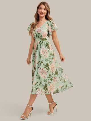Short Sleeve Ruffle V-Neck A-Line Midi Non-Stretch Wedding Guest Dresses