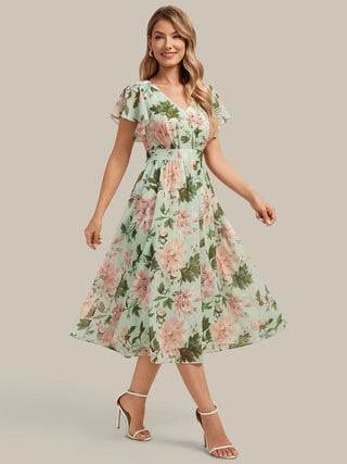 Short Sleeve Ruffle V-Neck A-Line Midi Non-Stretch Wedding Guest Dresses