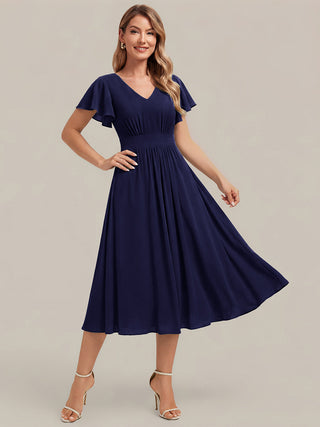 Short Sleeve Ruffle V-Neck A-Line Midi Non-Stretch Wedding Guest Dresses