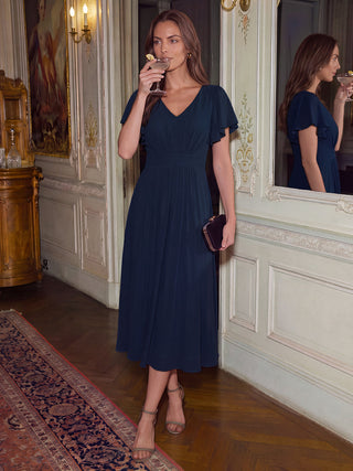 Short Sleeve Ruffle V-Neck A-Line Midi Non-Stretch Wedding Guest Dresses