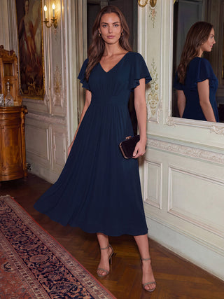 Short Sleeve Ruffle V-Neck A-Line Midi Non-Stretch Wedding Guest Dresses
