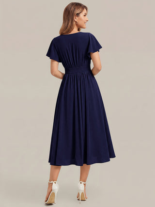 Short Sleeve Ruffle V-Neck A-Line Midi Non-Stretch Wedding Guest Dresses