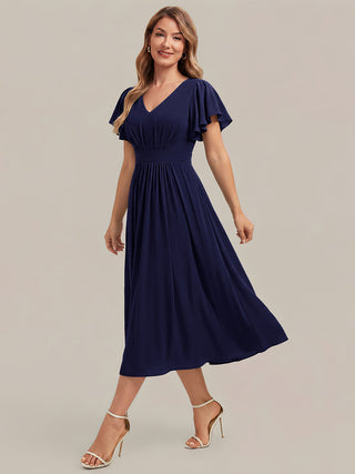 Short Sleeve Ruffle V-Neck A-Line Midi Non-Stretch Wedding Guest Dresses