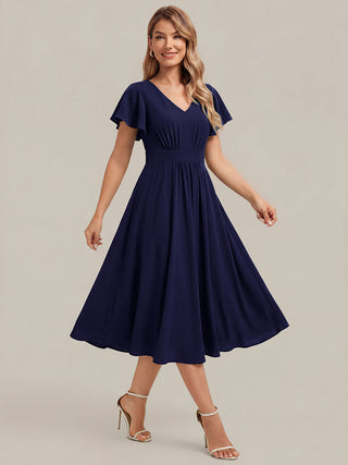 Short Sleeve Ruffle V-Neck A-Line Midi Non-Stretch Wedding Guest Dresses