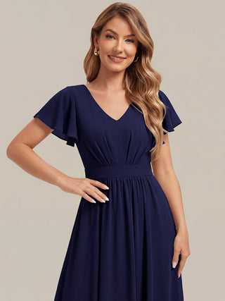 Short Sleeve Ruffle V-Neck A-Line Midi Non-Stretch Wedding Guest Dresses