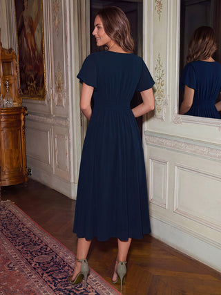 Short Sleeve Ruffle V-Neck A-Line Midi Non-Stretch Wedding Guest Dresses