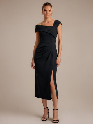 Short Sleeve High Stretch Sheath Midi Dress with 3D Draping Slit Wedding Guest Dresses
