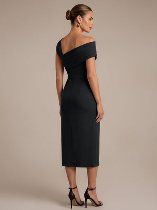 Short Sleeve High Stretch Sheath Midi Dress with 3D Draping Slit Wedding Guest Dresses