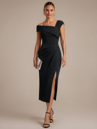 Short Sleeve High Stretch Sheath Midi Dress with 3D Draping Slit Wedding Guest Dresses