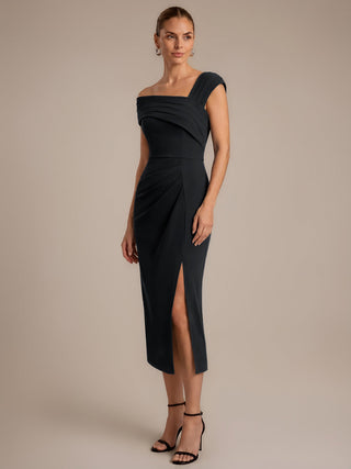 Short Sleeve High Stretch Sheath Midi Dress with 3D Draping Slit Wedding Guest Dresses