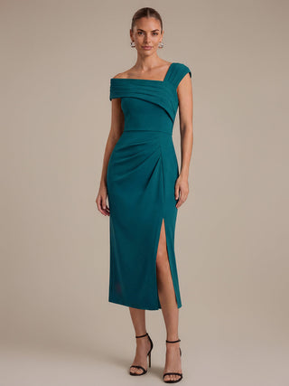 Short Sleeve High Stretch Sheath Midi Dress with 3D Draping Slit Wedding Guest Dresses