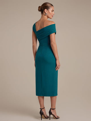 Short Sleeve High Stretch Sheath Midi Dress with 3D Draping Slit Wedding Guest Dresses