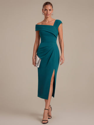 Short Sleeve High Stretch Sheath Midi Dress with 3D Draping Slit Wedding Guest Dresses