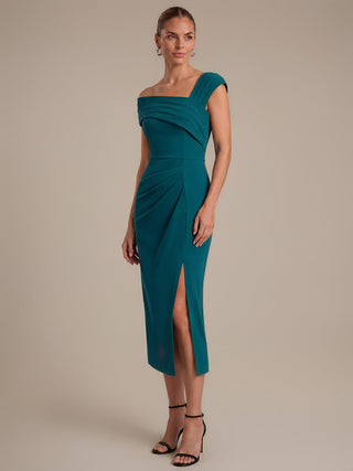 Short Sleeve High Stretch Sheath Midi Dress with 3D Draping Slit Wedding Guest Dresses