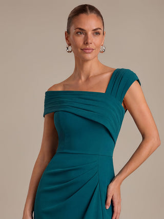 Short Sleeve High Stretch Sheath Midi Dress with 3D Draping Slit Wedding Guest Dresses