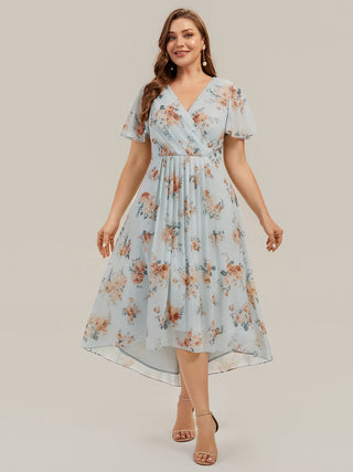 Short Sleeve Ruffle V-Neck Polka Dot A-Line High-Low Wedding Guest Dresses