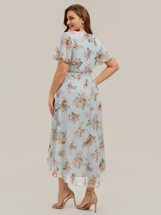 Short Sleeve Ruffle V-Neck Polka Dot A-Line High-Low Wedding Guest Dresses