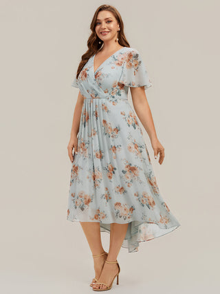 Short Sleeve Ruffle V-Neck Polka Dot A-Line High-Low Wedding Guest Dresses