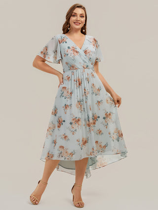 Short Sleeve Ruffle V-Neck Polka Dot A-Line High-Low Wedding Guest Dresses