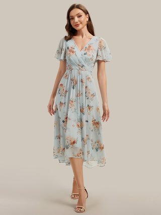 Short Sleeve Ruffle V-Neck Polka Dot A-Line High-Low Wedding Guest Dresses