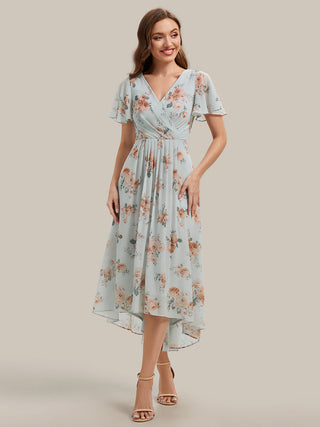 Short Sleeve Ruffle V-Neck Polka Dot A-Line High-Low Wedding Guest Dresses