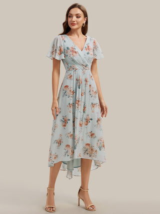 Short Sleeve Ruffle V-Neck Polka Dot A-Line High-Low Wedding Guest Dresses