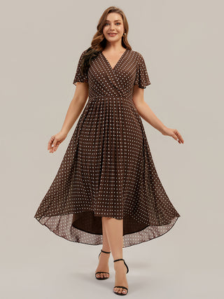 Short Sleeve Ruffle V-Neck Polka Dot A-Line High-Low Wedding Guest Dresses