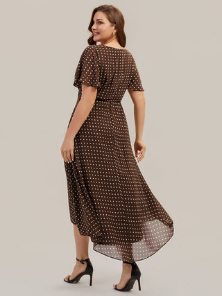 Short Sleeve Ruffle V-Neck Polka Dot A-Line High-Low Wedding Guest Dresses