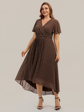 Short Sleeve Ruffle V-Neck Polka Dot A-Line High-Low Wedding Guest Dresses