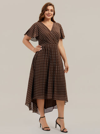 Short Sleeve Ruffle V-Neck Polka Dot A-Line High-Low Wedding Guest Dresses
