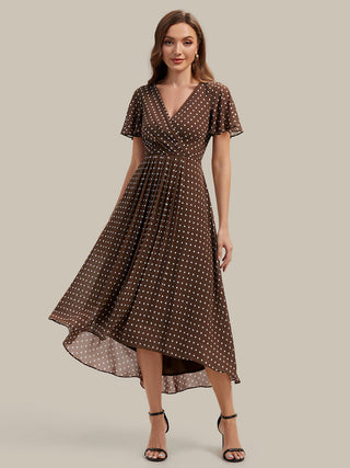 Short Sleeve Ruffle V-Neck Polka Dot A-Line High-Low Wedding Guest Dresses